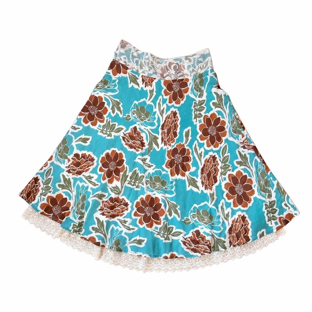 SOMI 100% Silk Floral A-Line Skirt Size 8 Lace Trim Y2K Boho Fairycore Turquoise